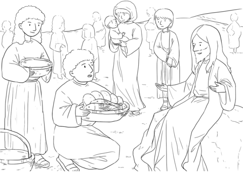 Matthew 14 15 18 Feeding 5,000   Disciples Bring To Jesus Five Loaves And Two Fishes Coloring Page